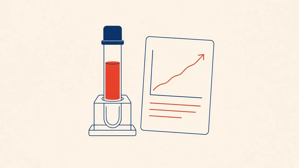 Ilustración de un tubo de análisis de sangre junto a un informe con una gráfica de valores en ascenso.
