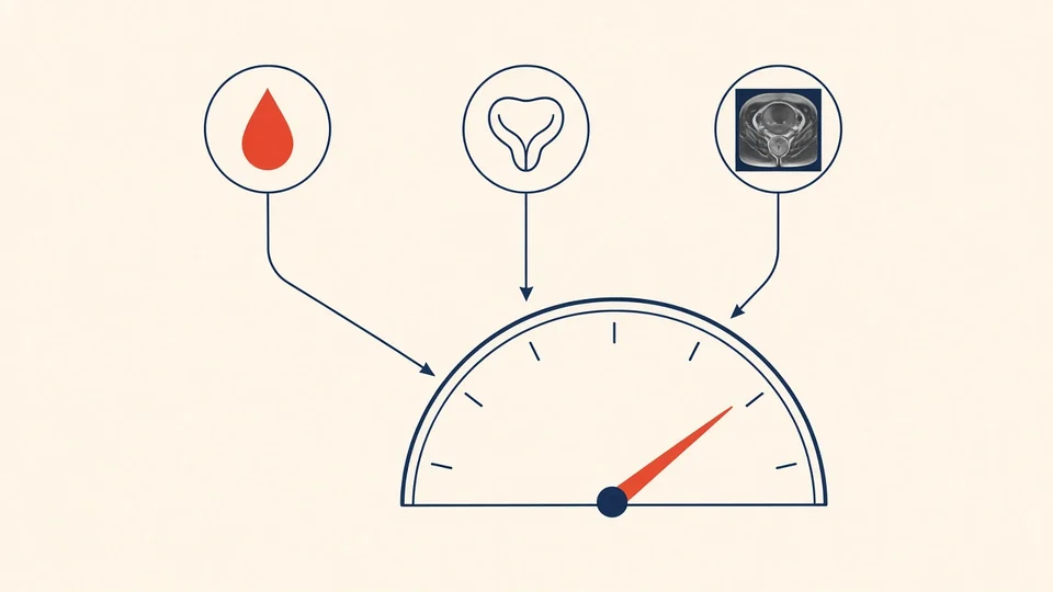 Ilustración de tres datos (un análisis de sangre, la próstata y una imagen de resonancia) que se combinan en un indicador de riesgo.
